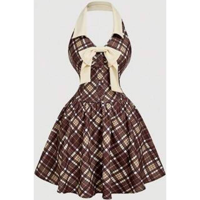 SHEIN Vintage Khaki Checkered Halter Neck Dress With Bow Decoration - Preppy Style, 70s, Casual, Comfortable, Commuting, Old Money Aesthetic, Perfect For Sc