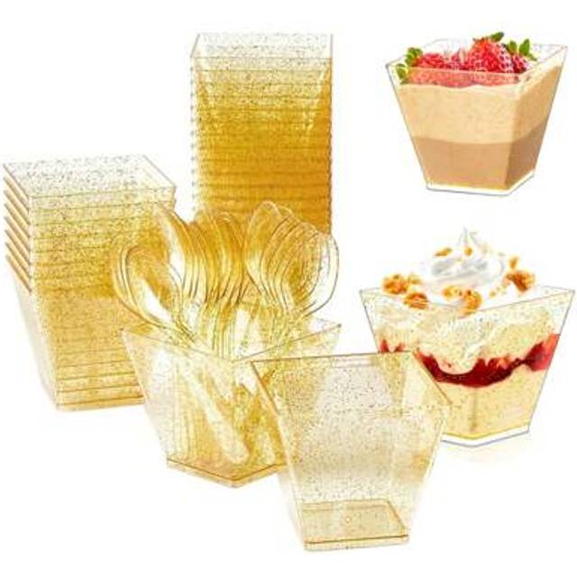 SHEIN 2oz/60ml Dessert Cups With 50pcs Gold Dots Cups And 50pcs Spoons, Reusable, Perfect For Diy Desserts, Mini Chocolate, Cream, Pudding, Mousse And Party