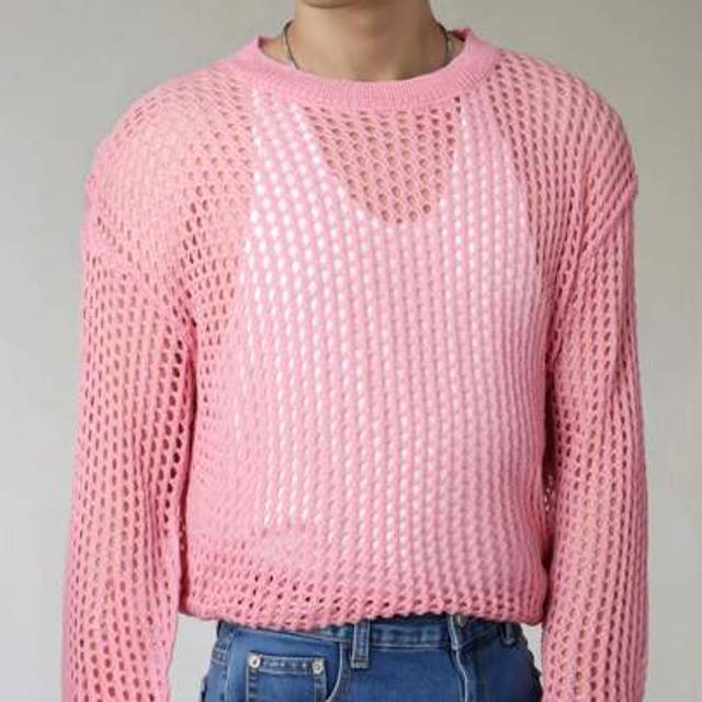 SHEIN Breathable Perforated Oversized Sweater, Casual Unisex Round Neck Knitted Pullover, Loose Fit Dropped Shoulder Long Sleeve Sweater, Korean Design, Sui