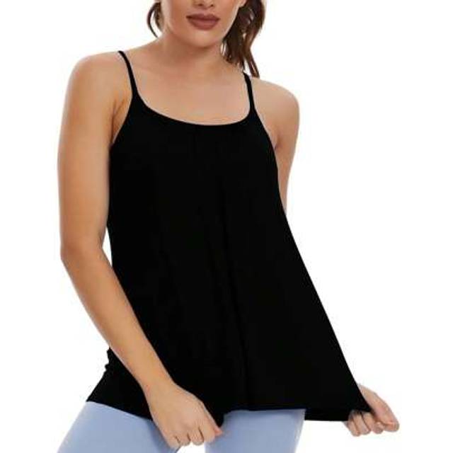 SHEIN Women Camisoles With Built In Bra Adjustable Strap Loose Fit Shirt Flowy Swing Pleated Tank Tops Cami Sleeveless Summer Tops For Workout Sleeping Trav