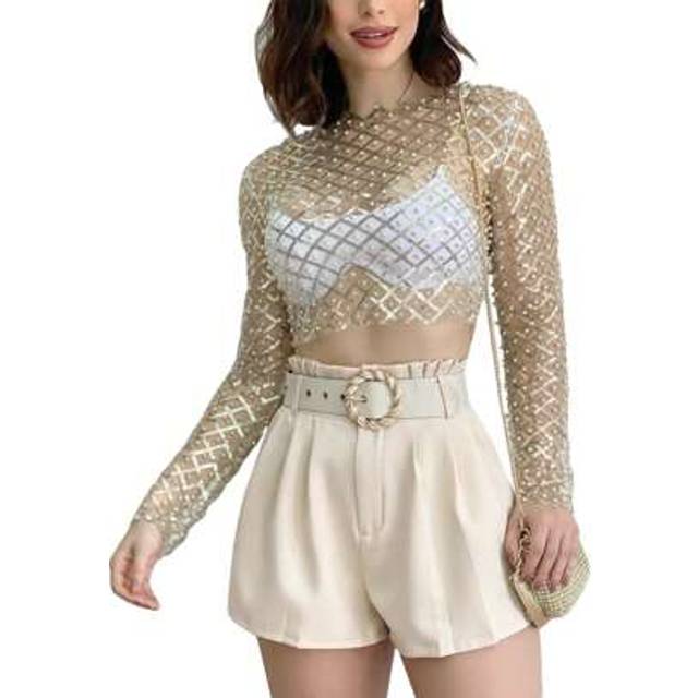 SHEIN Women Crop Top, Long Sleeve Crew Neck Sequined Beaded See-Through Ladies T-Shirt For Club Party