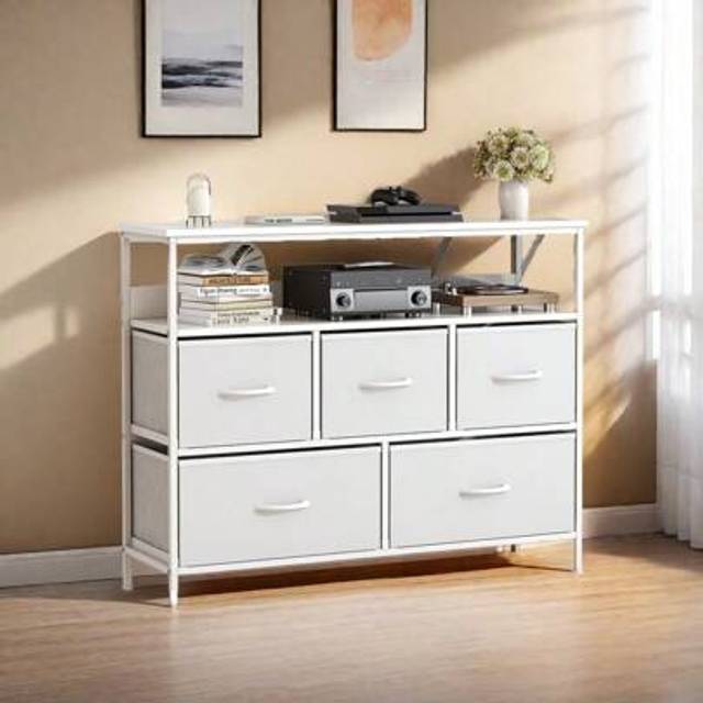 SHEIN Chest Of Drawers Bedroom, Dresser With 5 Drawers TV Stand With Fabric Drawers, Console Table With Open Shelves For TV, Storage Drawer Unit For Bedroom