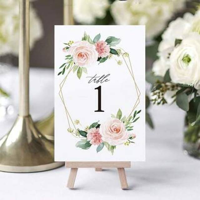 SHEIN 26PCS/SET Floral Wedding Table Numbers, 1-25, Centerpiece Decorations, Double Sided Blush, Coral And Greenery Geometric Style Design, Numbers 1-25 & H