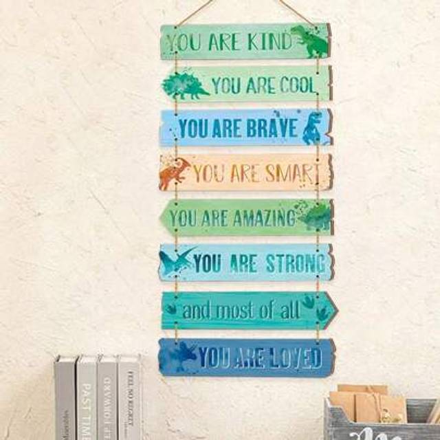 SHEIN 8Pcs Inspirational Dinosaur Room Wooden Wall Art Decor For Boys Girls Kids Room Decor, Little Boy Colorful Rainbow Bedroom Decorations,Toddler Classro