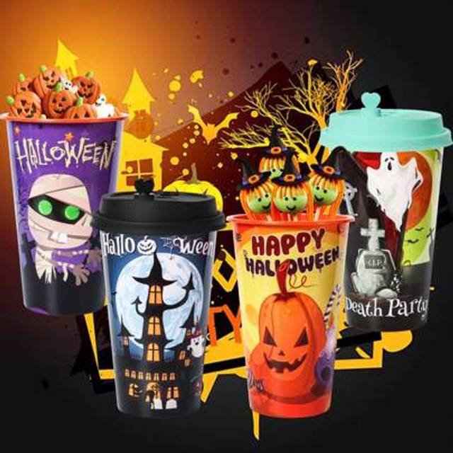 SHEIN 4 Pcs Halloween Themed Party Cups, Bat, Ghost, Pumpkin, Skull Spider Party Plastic Cups, 16 Oz Reusable Halloween Party Decorations Cups With Lids And