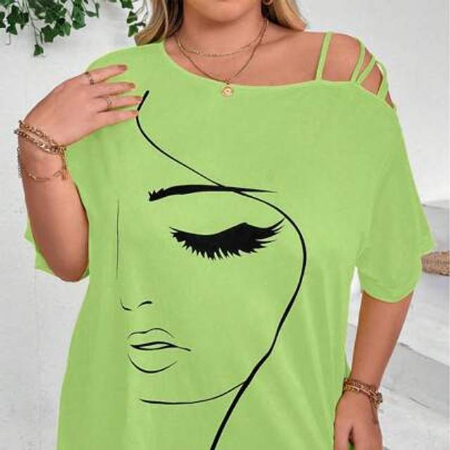 SHEIN Plus Size Women Summer Abstract Face Print Asymmetric Neck Loose Casual T-Shirt Graphic Tees Women Tops