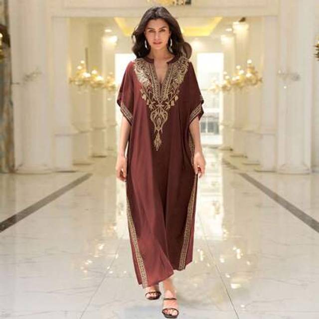 SHEIN Red Embroidered Notched Neck Modest Dress Loose Casual Moroccan Kaftan Modest Dresses