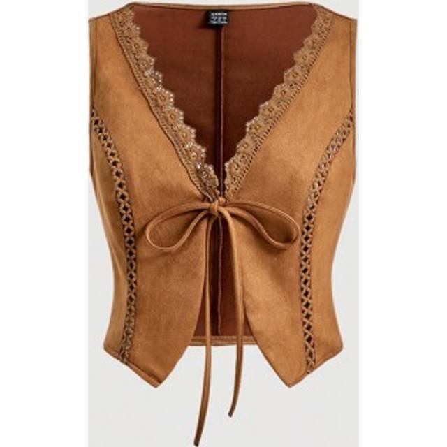 SHEIN Lace Trim Tie Front Vest Jacket Without Blouse, Brown Boho Jacket, Western Wear Women Outfit In Fall/Winter
