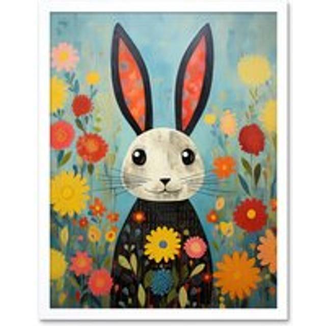 Wall Art Print Funny Bunny Modern Floral Rabbit Animal Artwork for Kids Bedroom or Baby Nursery Art Framed - White - W12 inch x H16 inch