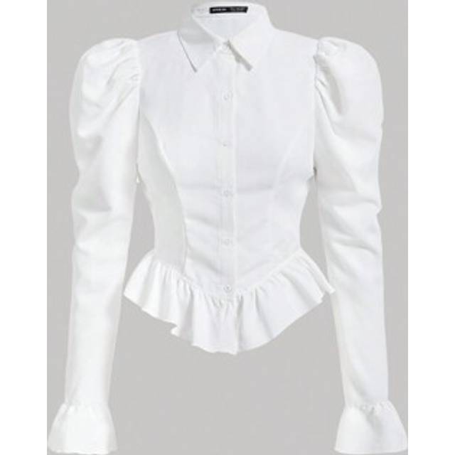 SHEIN Flare Sleeve Ruffle Hem Puff Sleeve White Waisted Blouse,Long Sleeve Tops