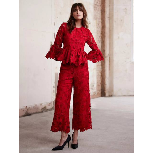 Mint Velvet Floral Lace Cropped Trousers, Red