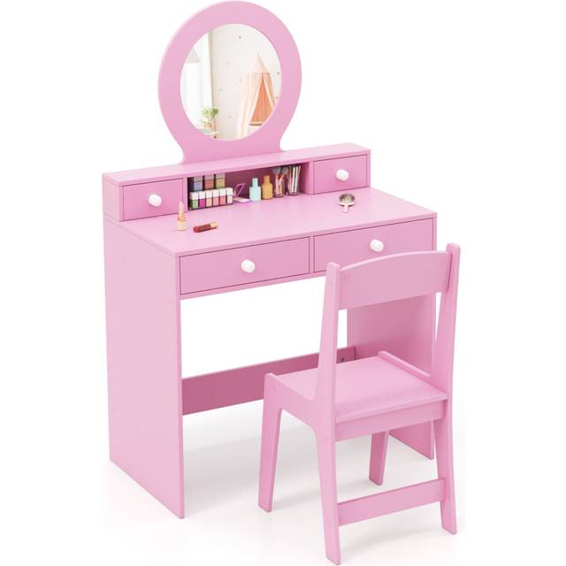 Kids Vanity Set Princess Makeup Dressing Desk and Chair w/ Mirror-Pink