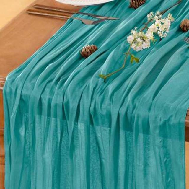 SHEIN 1pc Turquoise Cheese Cloth Table Runner, 120 Inch Bohemian Easter Spring Dining Table Decor, Wedding Bridal Baby Shower Tea Party Decoration