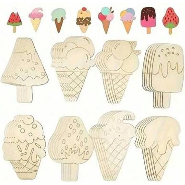 SHEIN 32pcs Set Of Unfinished Wooden Ice Cream Shape Cutouts, Suitable For DIY Crafts And Decorations, With Gift Tags - Hand Painted Summer Art Project, Sui