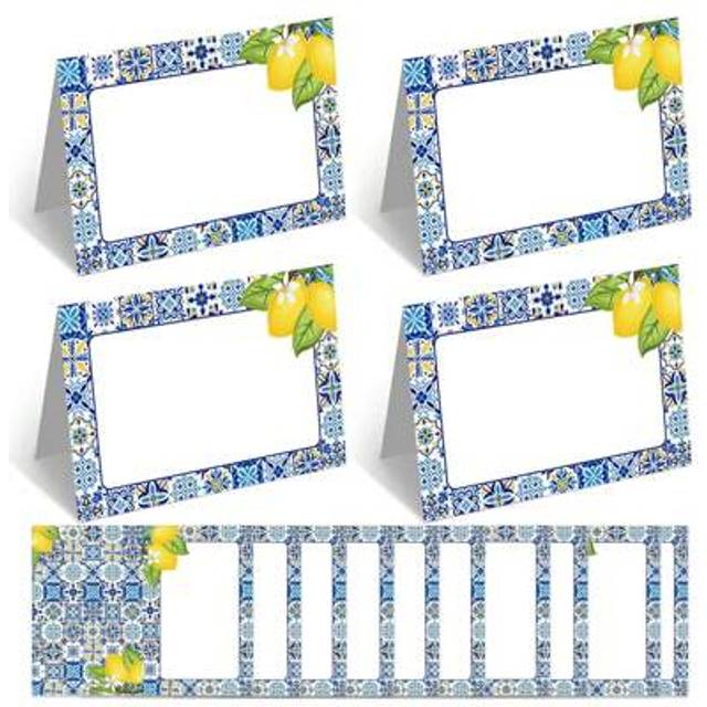 SHEIN Capri Lemon Place Cards Lemon And Blue Tile Table Name Cards Tent Card Buffet Card Food Label For Table Setting Birthday Bridal Shower Italy Yellow Le