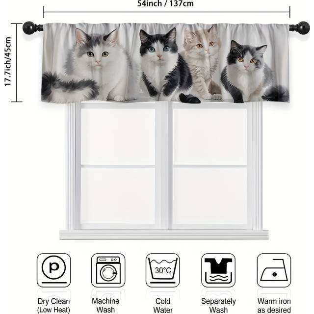 TEMU 1pc Cat Themed Curtain - Contemporary Semi-translucent Polyester With Rod Pocket, 4 Adorable Cats Print For Kitchen, Living Room, Bedroom, Cafe - Durable & Machine Washable Home Decor