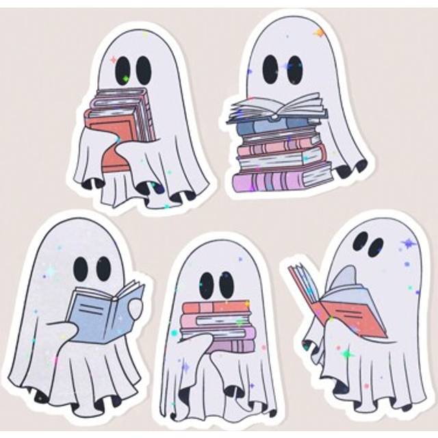 SHEIN 5pcs Cute Ghost Design Vinyl Stickers, Book Lover Gift Stickers For Kindle, Laptop, Phone Case Or Mirror, Perfect For E-Reader, Notebooks