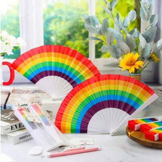 SHEIN 4pcs-Rainbow Folding Fan, Handheld Pride Festival Fan, Folding Fan Plastic Colorful Rave Fan, Women Men Rainbow Pride Party Decoration, Parties Festiv