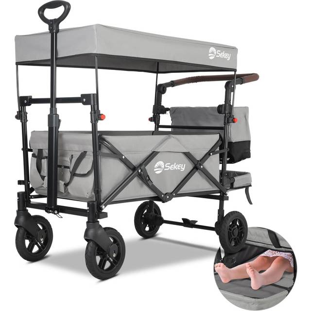 Sekey Kids Folding Handcart Wagon with Removable Canopy, Versatile Foldable Transport Trolley for Family Outings Including Shockproof PU Wheels,