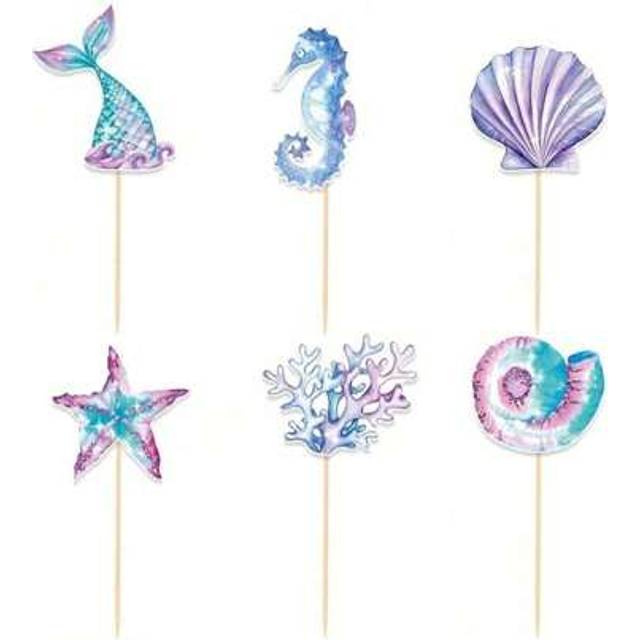 SHEIN 6/12/24pcs, Mermaid Birthday Party Decoration Cake Toppers, Cupcake Topper, Reusable Mermaid Tail Happy Birthday Dessert Cake Topper, Cake Decor Suppl