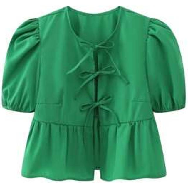 SHEIN Women&#39;s Summer Babydoll T-Shirt Solid/Stripe Short Puff Sleeve Round Neck Tie-Up Front Peplum Tops