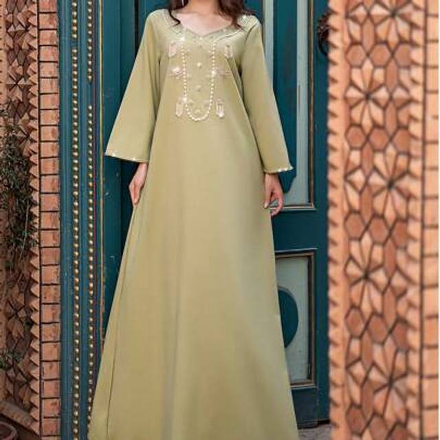 SHEIN 5214 New Middle East Cross-Border V-Neck Loose Long Dress With Rhinestones, Modest