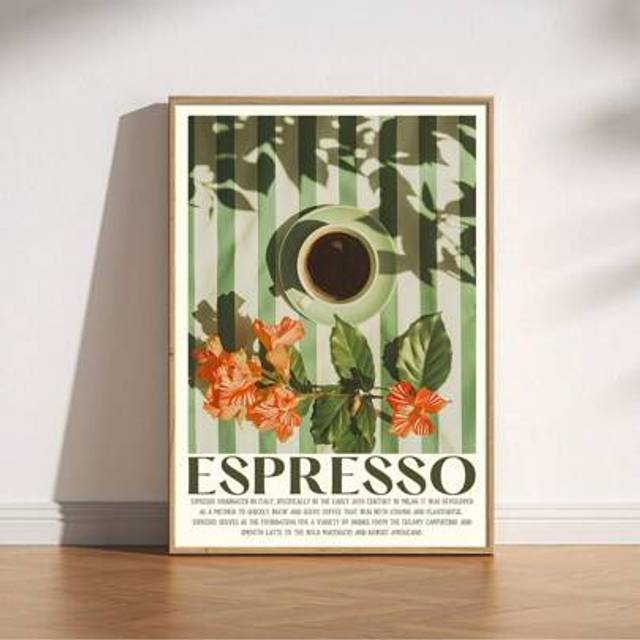SHEIN 1pc Vintage Italian Coffee Art Print Espresso Poster With Coffee Cup On Table, Retro Cafe Aesthetic From 70s 80s 90s, Frameless Canvas Poster For Kitc