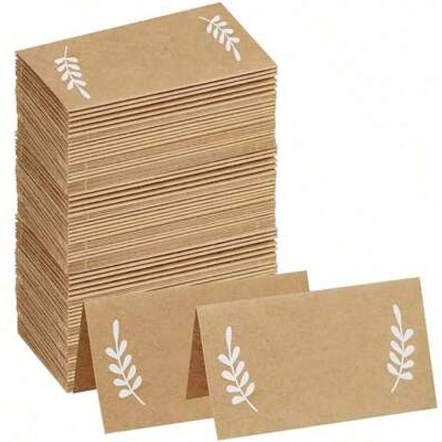 SHEIN 20/50pcs 3x5&#34; Rustic Kraft Paper Place Cards With Laurel Leaves Design - Blank White & Brown Table Number Cards For Wedding, Birthday Party, Banquet T