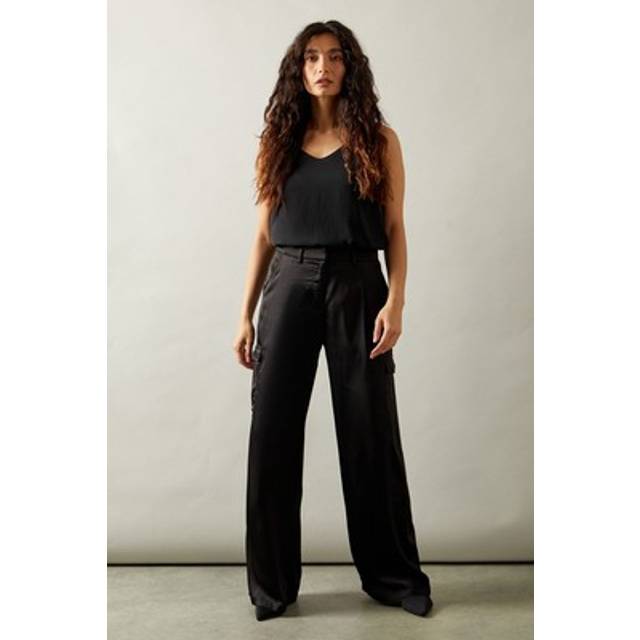 Womens Wide Leg Cargo Satin Trousers - Black - 14