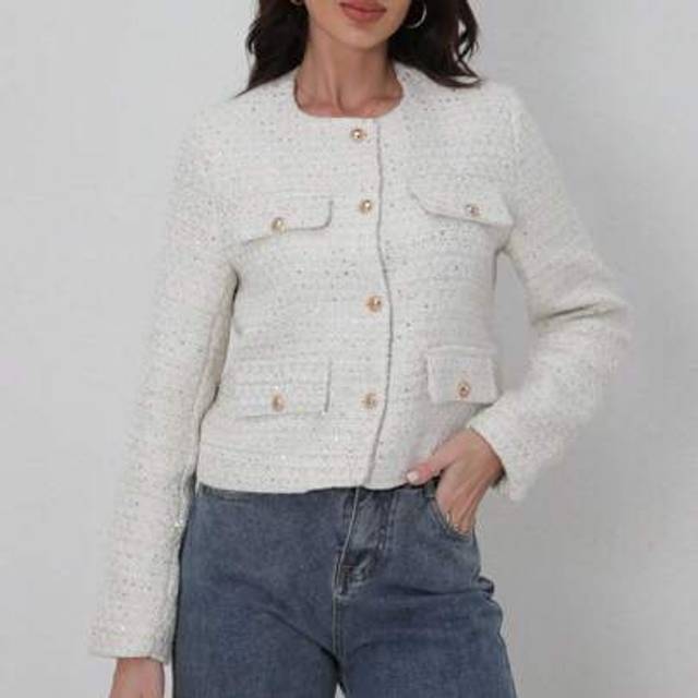 SHEIN TRAFZA Women&#39;s Elegant Casual Tweed Jacket Spring Round Neckline Decorated Long Sleeves Solid Colour Coat