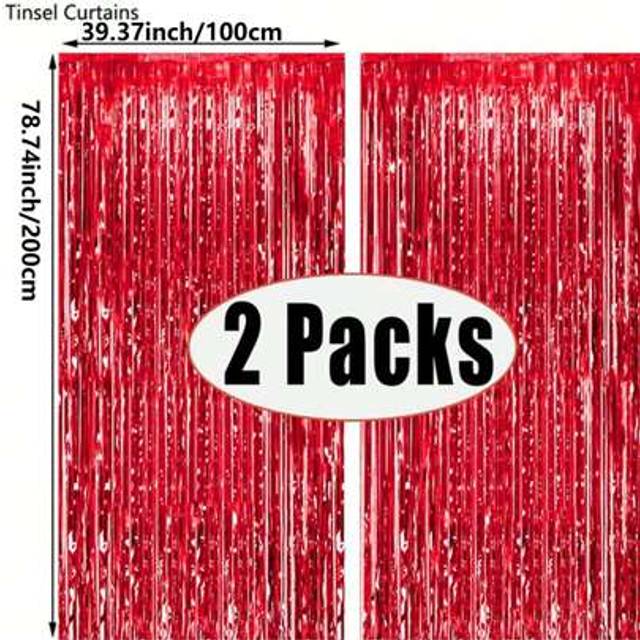 SHEIN 2/3/5pcs Red Party Backdrop Metallic Foil Fringe Tinsel Curtain, Birthday Party Wedding Decor Supplies