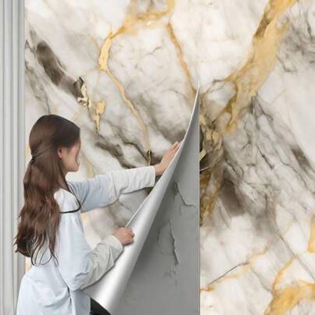 SHEIN 1 Roll Self-Adhesive Waterproof Bathroom Wall Stickers - Marble Texture Peel & Stick Removable Decals For Shower, Toilet, Sink - Easy To Clean & Washa