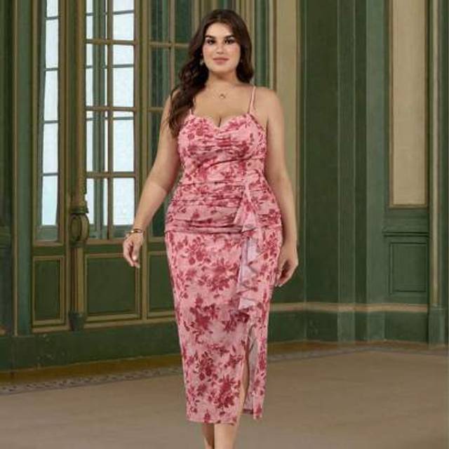 SHEIN Plus Size Women Spaghetti Strap Bodycon Burgundy Elastic Mesh Midi Dress,Plus Size Women Summer Vintage Floral Print Ruched Slit Midi Dress, Fairy For