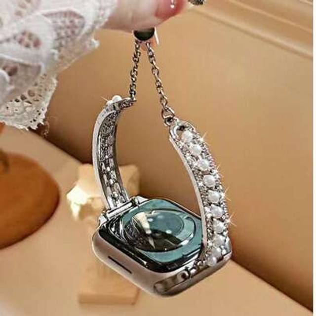 SHEIN 1pc Silver Apple Watch Band Apple Watch Bracelet, Fashionable Metal Double Diamond Pearl Watch Band Smart Band, Compatible With Apple Watch 38/40/41/4