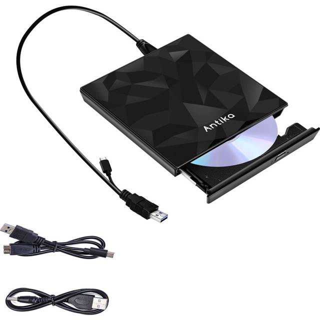 Antika External CD DVD Drive TypeC USB 3.0 Extended Cable Backup Power Line Portable DVD Player CD/DVD +/-RW Burner Reader for Laptop Desktop PC Apple