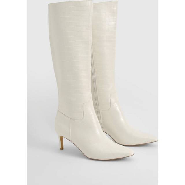 Womens Croc Low Heel Pointed Knee High Boots - White - 5, White
