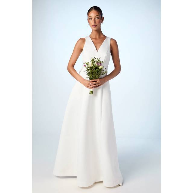 Satin Plunge V Neck Maxi Wedding Dress with Back Bow Detail - Ivory - 18