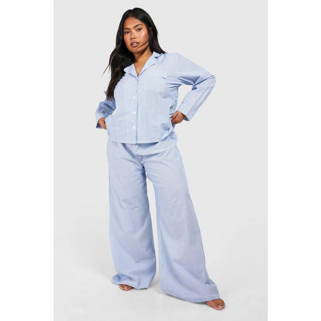 Womens Plus Striped Button Through Pj Trouser Set - Blue - 18, Blue