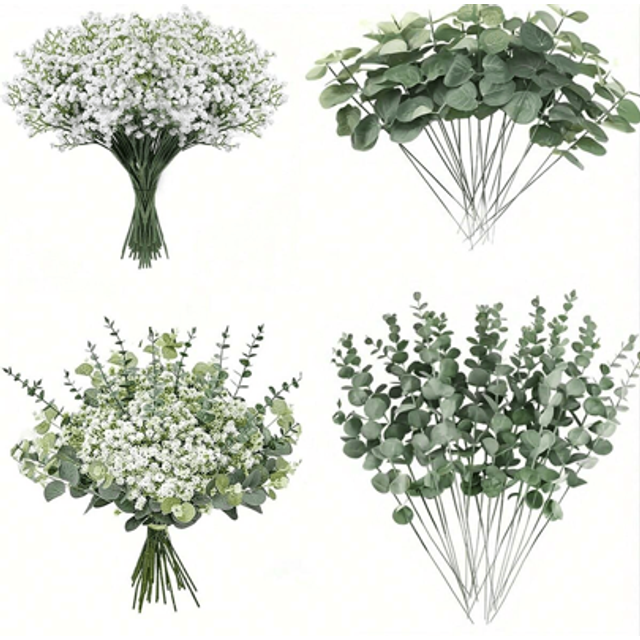 SHEIN 9/18/30/45pcs Gypsophila Artificial Flowers And 2 Types Of Eucalyptus Artificial Flower Bouquet, Suitable For Wedding Bridal Bouquet, Wedding Party De