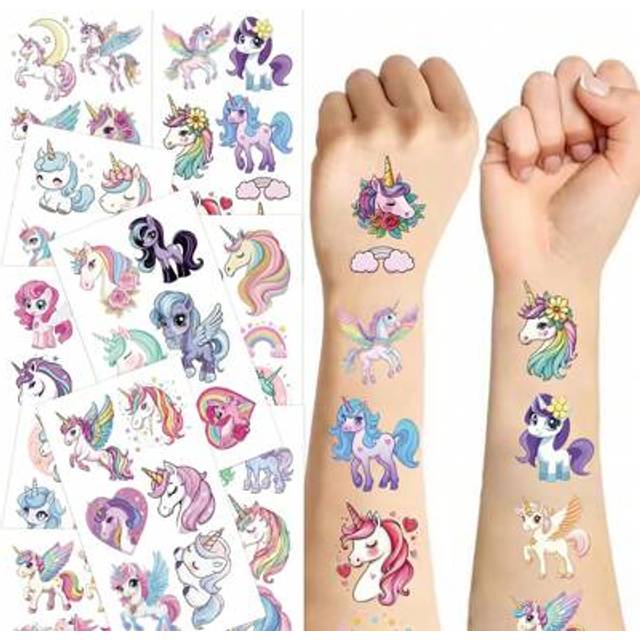 SHEIN Cute Cartoon Unicorn Boys Girls Temporary Stickers, Waterproof Fake Body Painting Stickers, Rectangular, Lasts 2-5 Days, Funny Arms, Cartoon Fashion Y