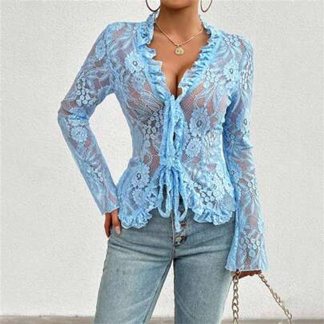 SHEIN Women Crop Tops Lace Long Sleeve Deep V Neck Tie Front Blouses Slim Fit Shirts For Streetwear Aesthetic Clothes