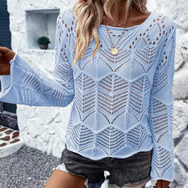 SHEIN Women Solid Color Hollow Out Round Neck Pullover SweaterKnit PulloverFall Winter Outfit