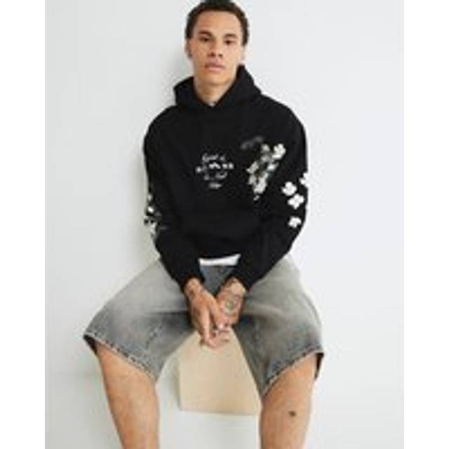 Mens River Island Black Embroidered Floral Snake Print Hoodie