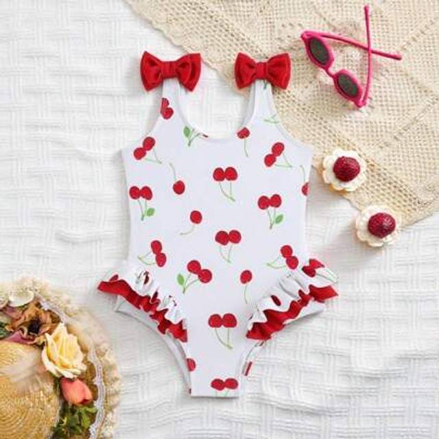 SHEIN Baby Girls Swimwear/Cute Cherry Pattern/Knit Fabric/Double Bows On Shoulders, Flared Legs, No Locked Edges/Knit Fabric/One-Piece Swimsuit/Fashionable