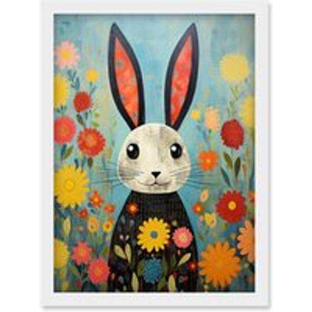 Wall Art Print Funny Bunny Modern Floral Rabbit Animal Artwork for Kids Bedroom or Baby Nursery Artwork Framed A4 - White