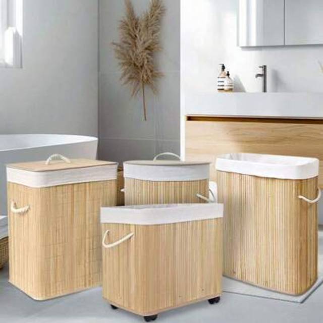 SHEIN Bamboo Laundry Basket, Large Capacity Collapsible Movable Hamper With Lid & Wheels, Rectangular/Round, Space-Saving Storage For Bathroom, Laundry Room