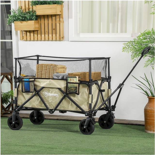 Outsunny 180L Folding Garden Trolley Wagon Cart w/ Extendable Side Walls - Khaki - Khaki | TJ Hughes Black
