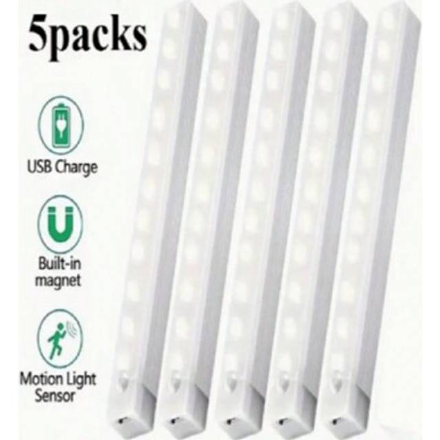 SHEIN 5pcs Under Cabinet Light, Wireless Motion Sensor LED Light Bar, Rechargeable Magnetic Night Light For Corridor Kitchen Cabinet Stairs Hallway Wardrobe