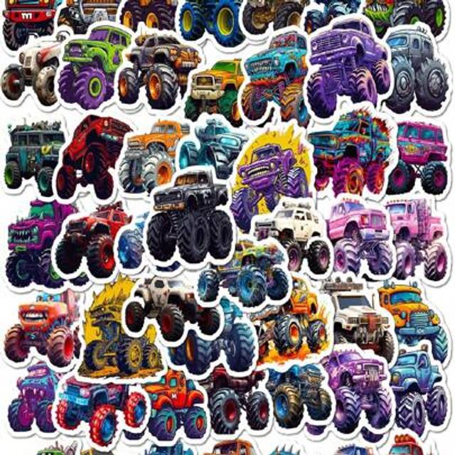 SHEIN 50 Sheets/Pack Monster Truck & Cartoon Car & Big Foot Car Pattern Pp Stickers Suitable For Cartoon Car,Computer,Skateboard,Luggage Stickers And Cute C