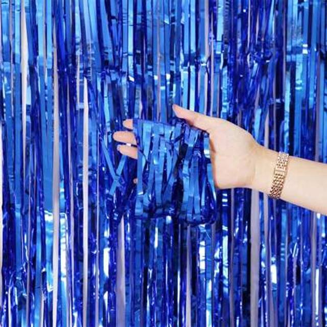 SHEIN 1PC/3pcs Blue Metallic Foil Tassel Curtains For Photography Studio, Birthday, Wedding, Engagement, Bridal Shower, Festival, Celebration, Party Decorat